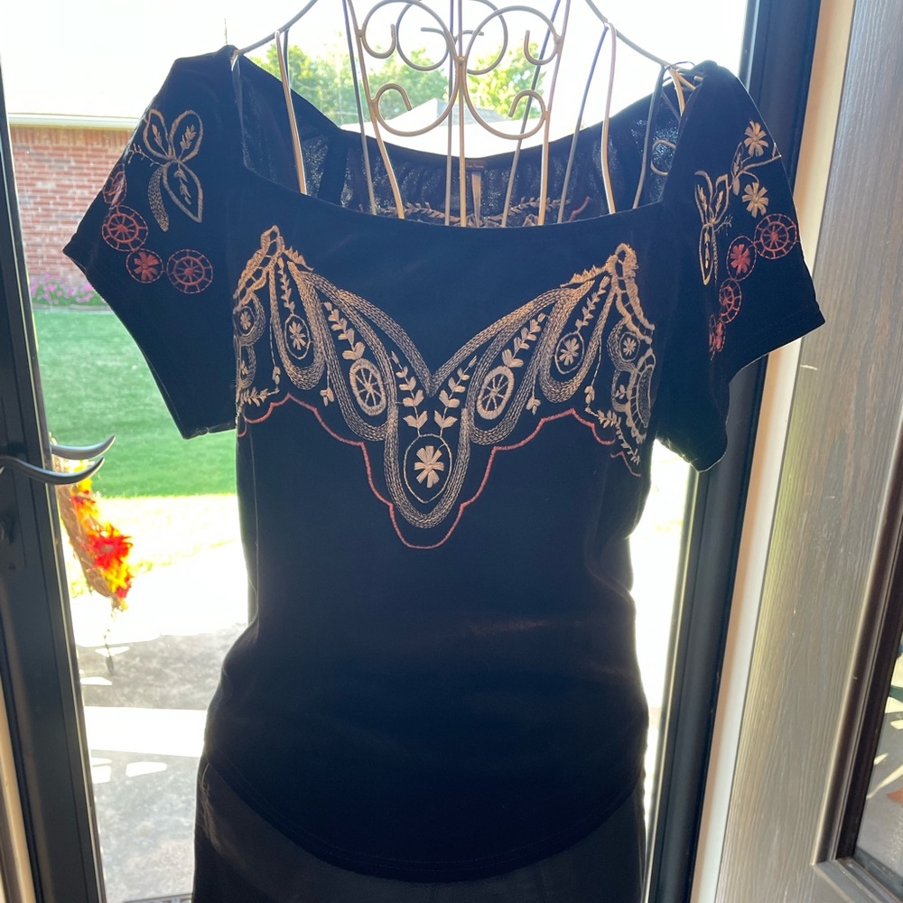 Free People Party Train Embroidered Velvet-Contrast Top Size Medium
